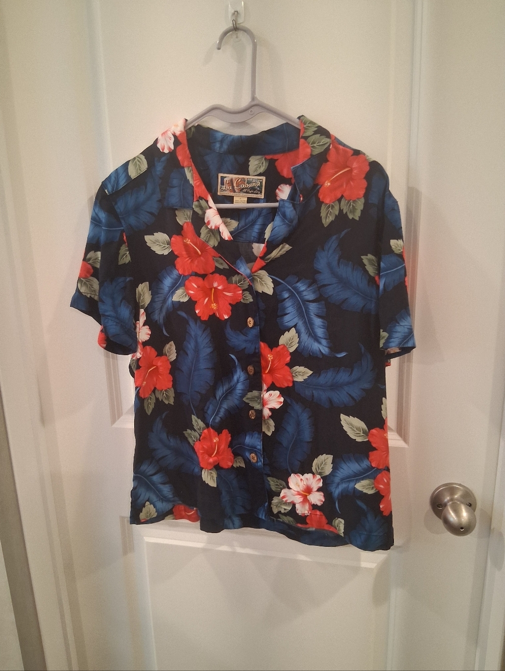 Vintage La Cabana Floral Button-Down Shirt - Navy & Red Size Large